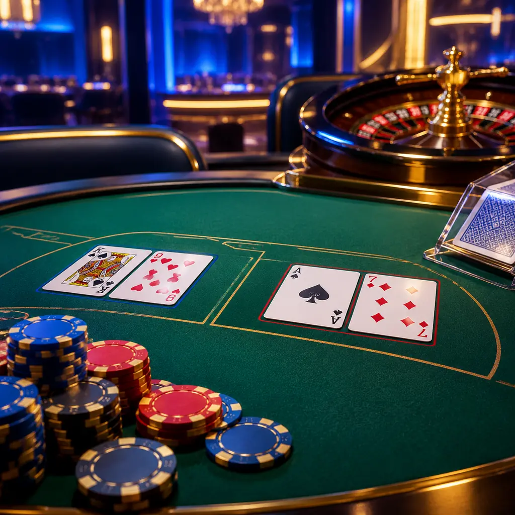 Meja baccarat dengan kartu dalam ruang casino