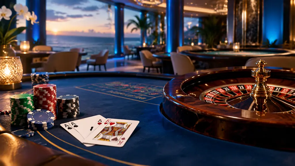Adegan casino mamen123 dengan meja kartu dan roulette